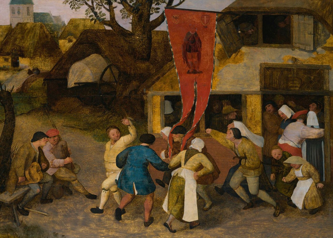 Zestiende-eeuws schilderij van een dorpskermis met dansende dorpelingen rond een vaandel